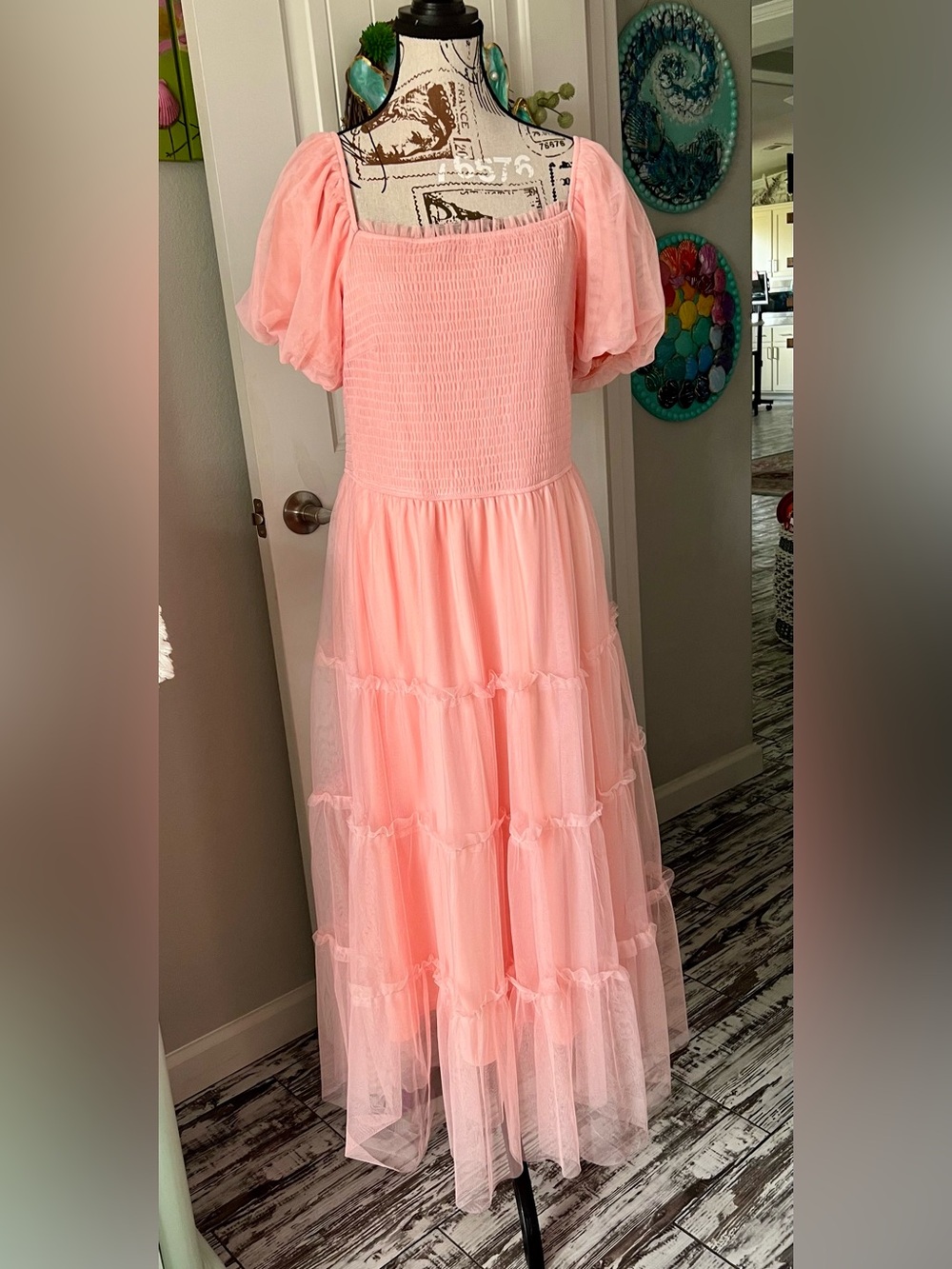 PrettyGarden Blush Pink Smocked Puff Sleeve Tulle Midi Dress – Cottagecore Style